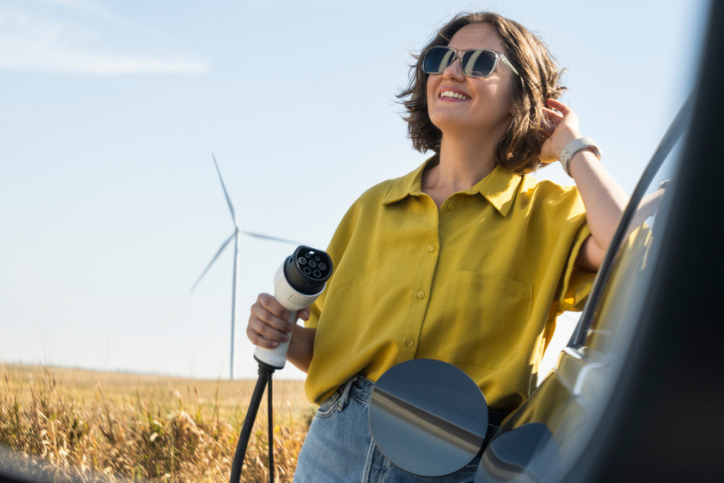 Woman next to wind turbines charging electric vehicle